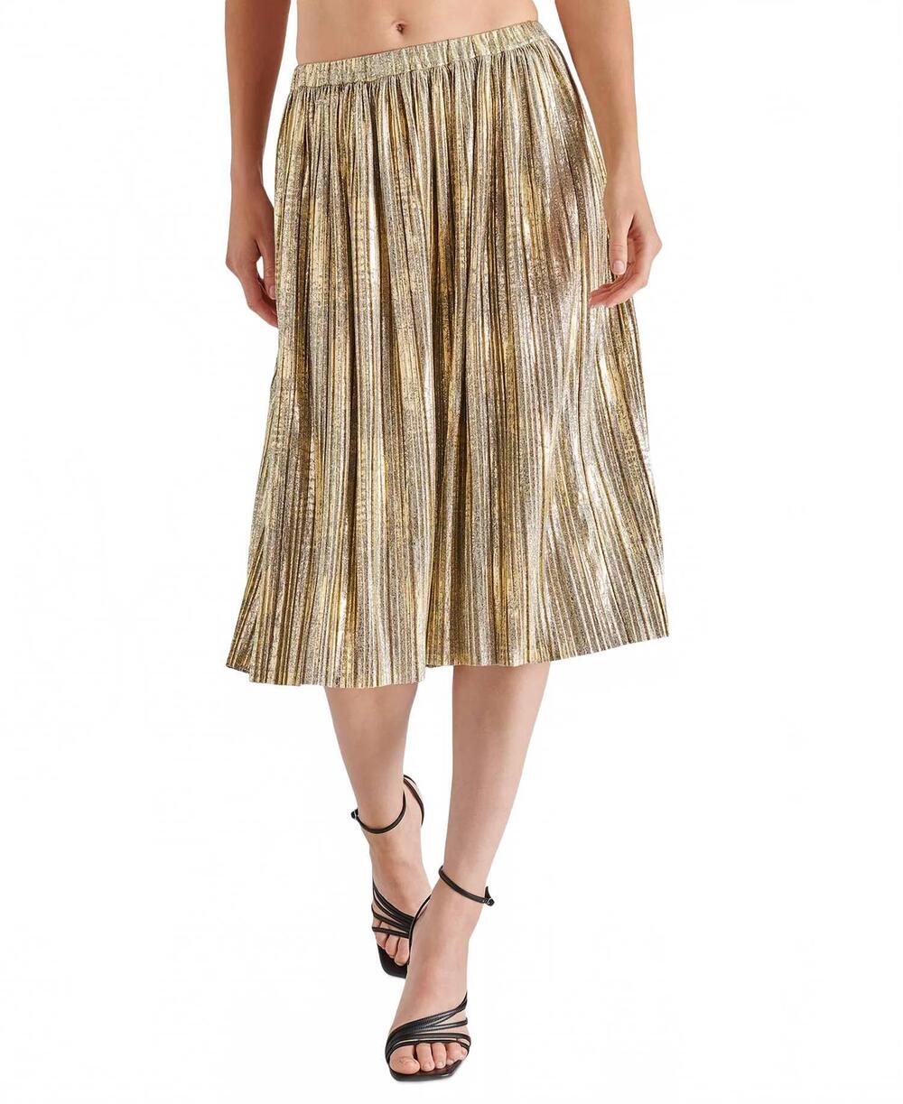 NEW STEVE MADDEN darcy metallic-foil-knit midi skirt in gold